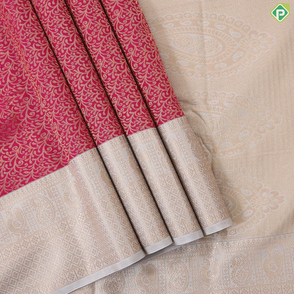 Rani pink gold zari grand floral design contrast thunder grey gold zari border art silk gift saree