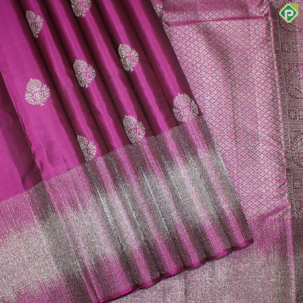 Magenta With Neem Zari Flower Butta Self With Silver Zari Border Traditional Silk Saree