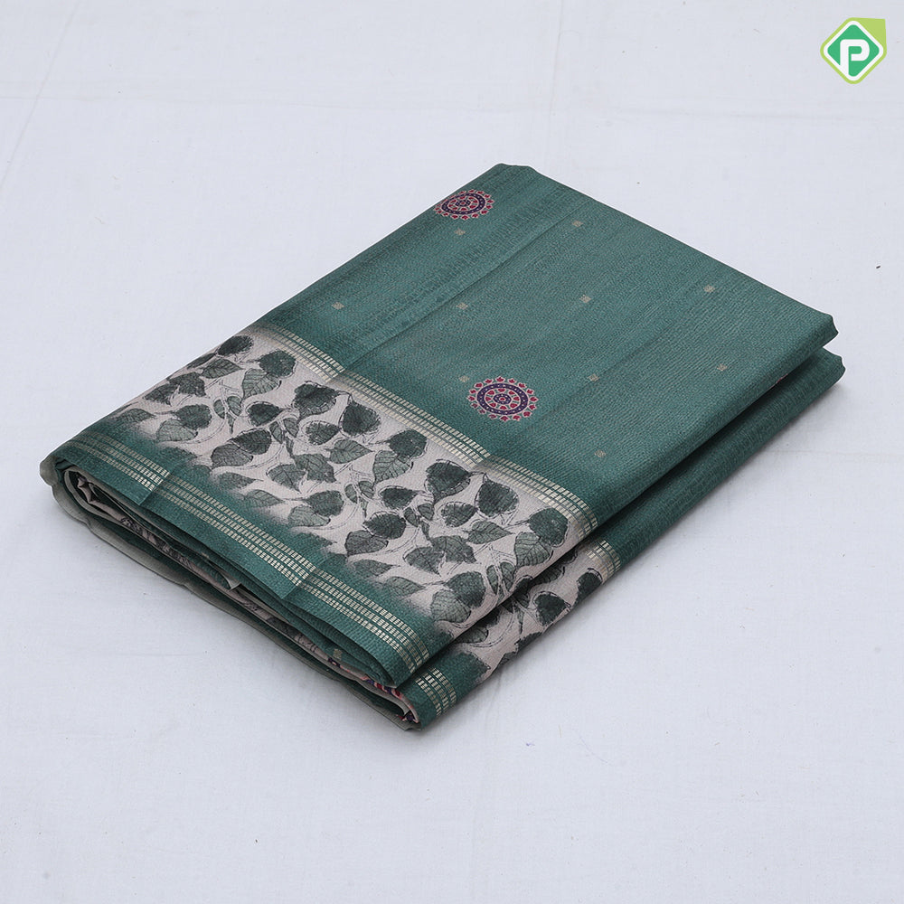 Dark color gold zari butta chakram prints cream base leaves border fancy cotton saree