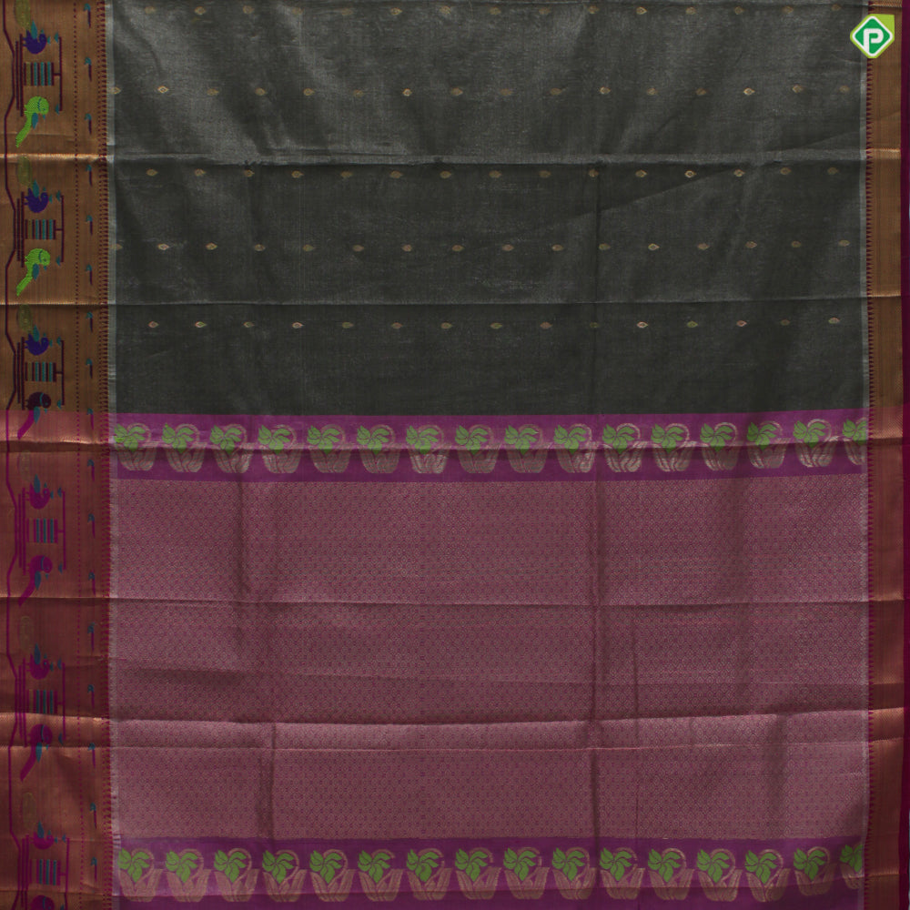 Steel Grey With Magenta Pink Colour Paithani Border Motifs Tissue Kuppadam Silk Cotton Saree