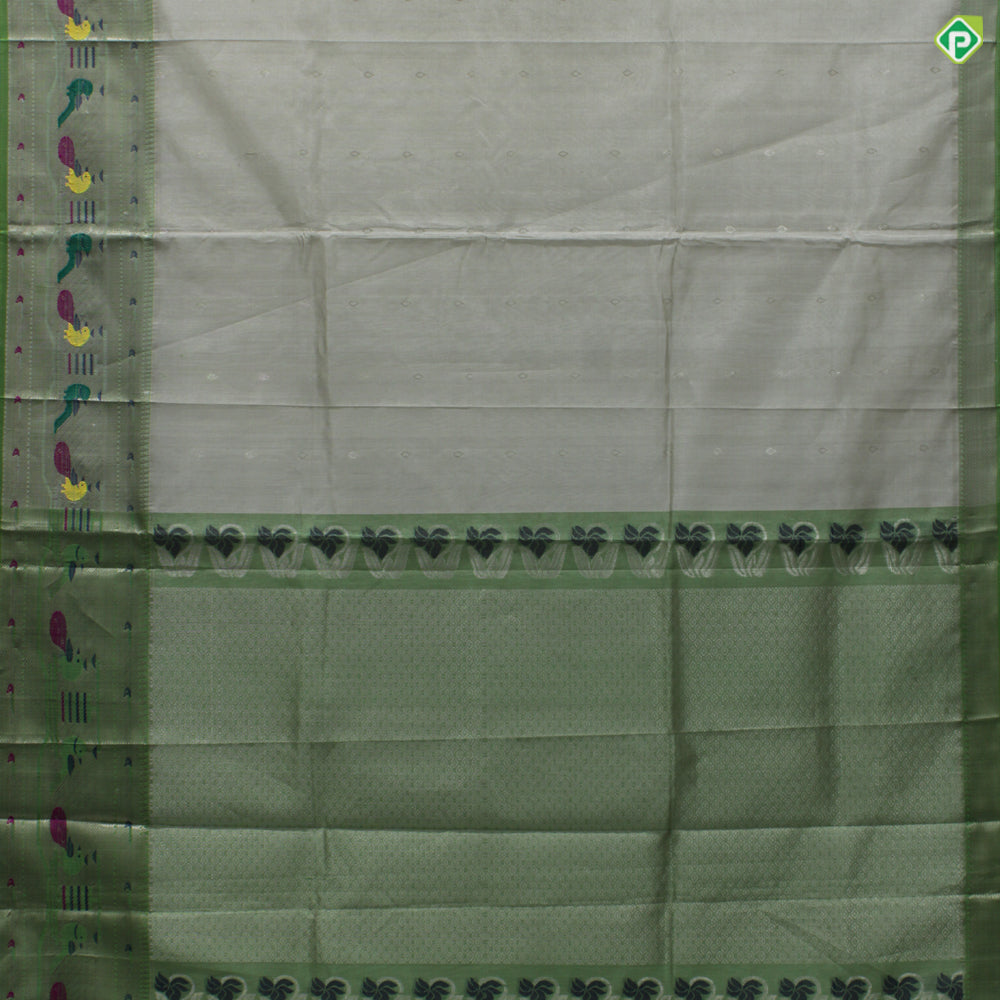 Silver Grey With Sage Green Colour Paithani Work Motifs Tissue Kuppadam Silk Cotton Saree