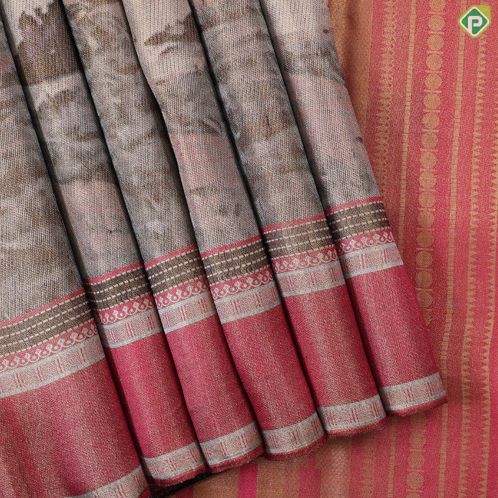 Multi color artistic Scenery effect weaved design dark onion pink plain border exclusive tissue silk saree