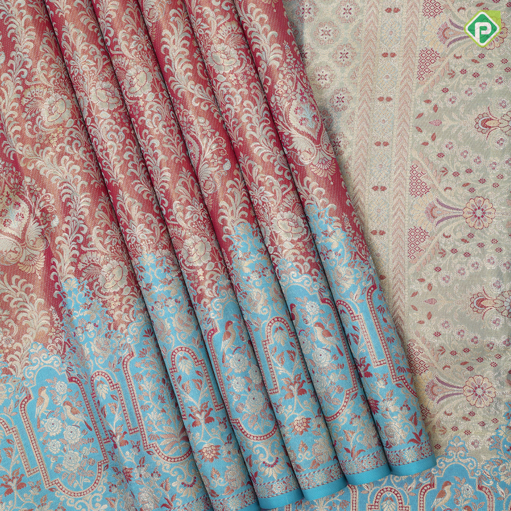 Onion pink grand floral design sea blue gold zari twitter bird flower fancy frame border tissue silk saree