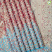 Onion pink grand floral design sea blue gold zari twitter bird flower fancy frame border tissue silk saree