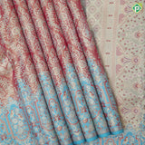 Onion pink grand floral design sea blue gold zari twitter bird flower fancy frame border tissue silk saree