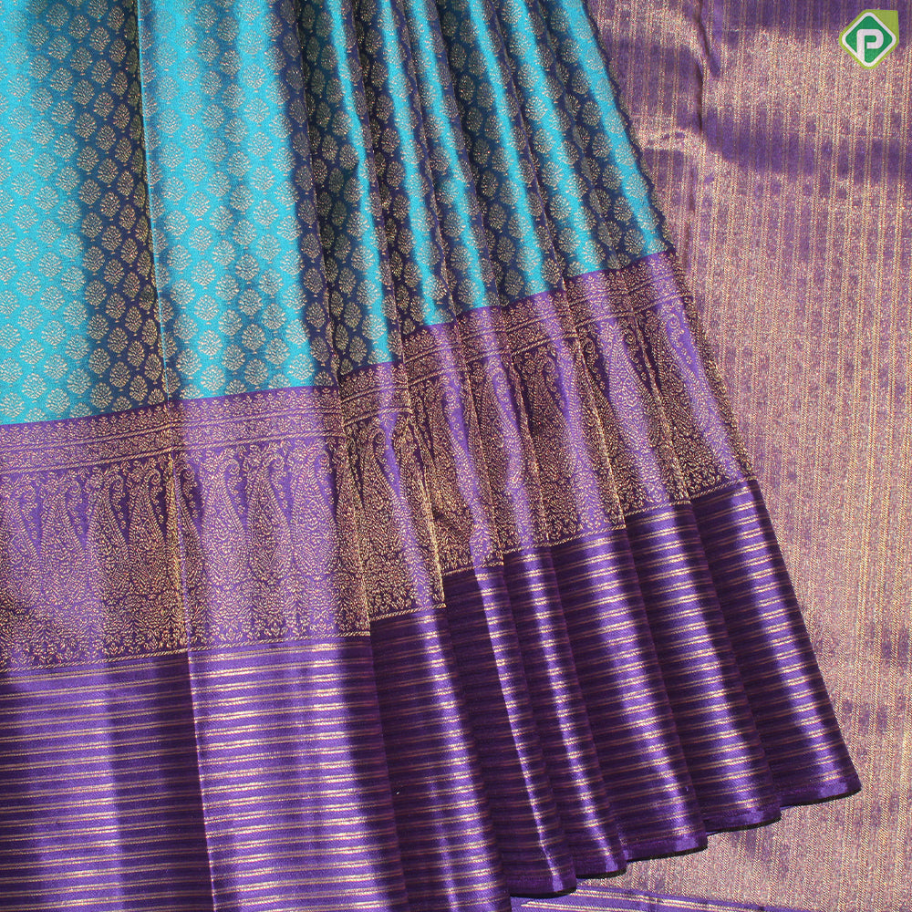 Peacock Blue Gold Zari Line Border Traditional Silk Saree