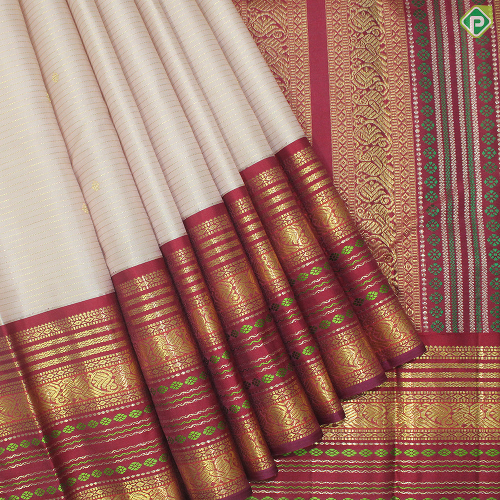 White Beige Gold Zari Lines And Small Motif With Maroon Peacock Ruthracham Design Border Traditional Silk Saree