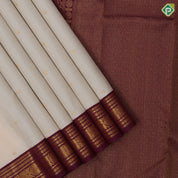 Cream White Gold Zari Chagaram Small Motif Design Purple Mango Floral Border Design Traditional Silk Saree