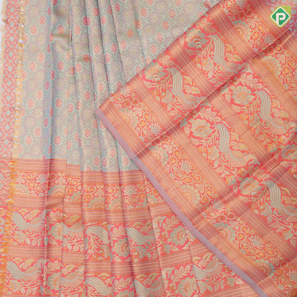 Goldish onion zari by zari meena work design rani pink gold zari peacock floral butta lines border pattu paavadai lehanka