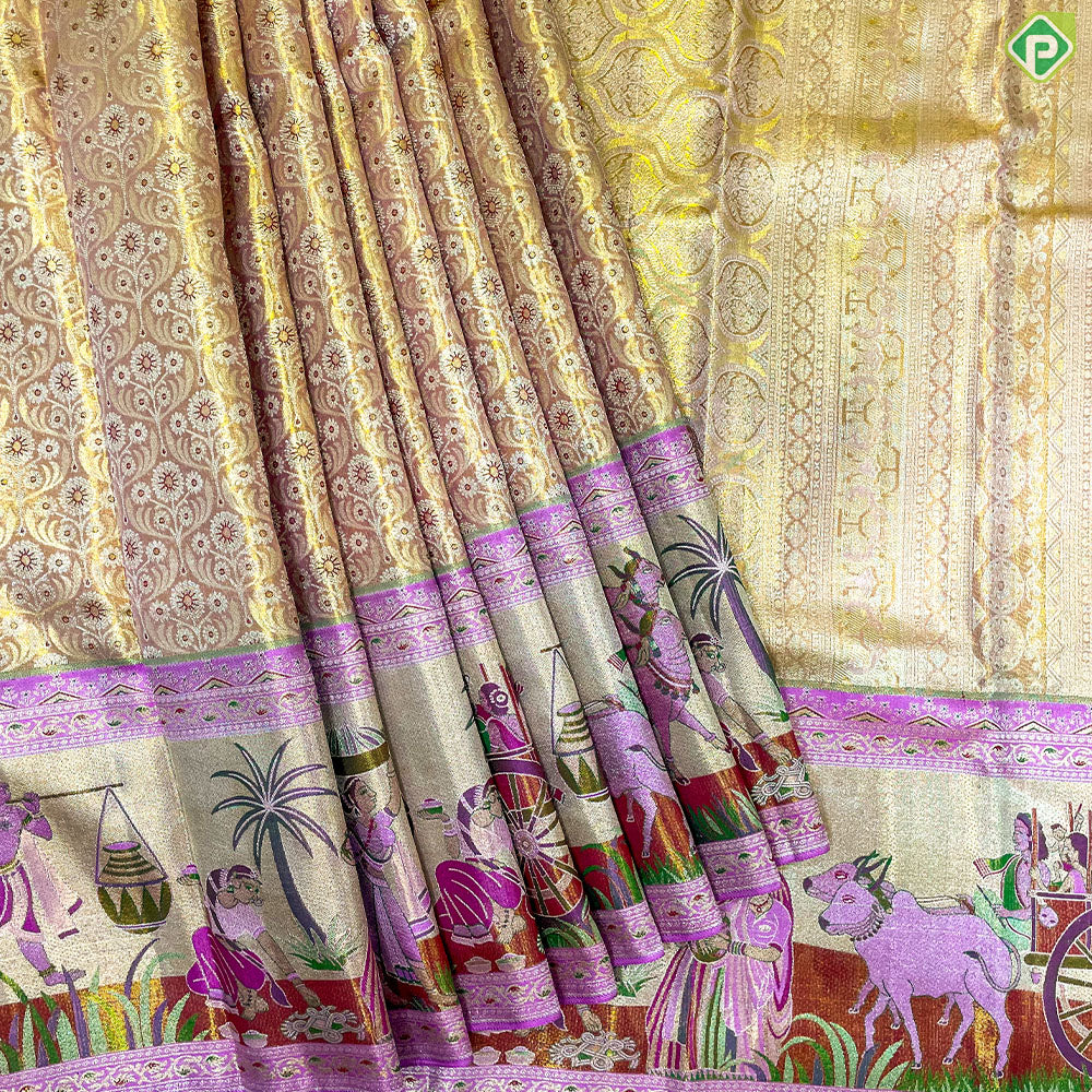 Onion Pink With Silver Gold Zari Floral Design Baby Pink Pythonic Border Grand Bridal Silk Saree