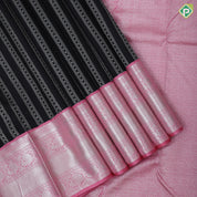 Black Colour Silver Zari Straight Lines Diamond Design Baby Pink Colour Peacock Bavanji Border Design Luxury Black Silk Saree