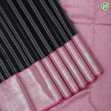 Black Colour Silver Zari Straight Lines Diamond Design Baby Pink Colour Peacock Bavanji Border Design Luxury Black Silk Saree