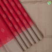Reddish pink gold zari leaf design butta motifs beige plain border contrast rich pallu soft silk saree