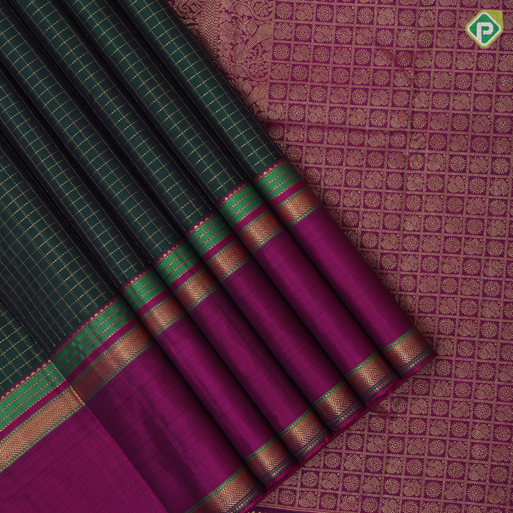 Castleton green gold zari vairaoosi zari kattam contrast purple gold zari rettapet border traditional silk saree