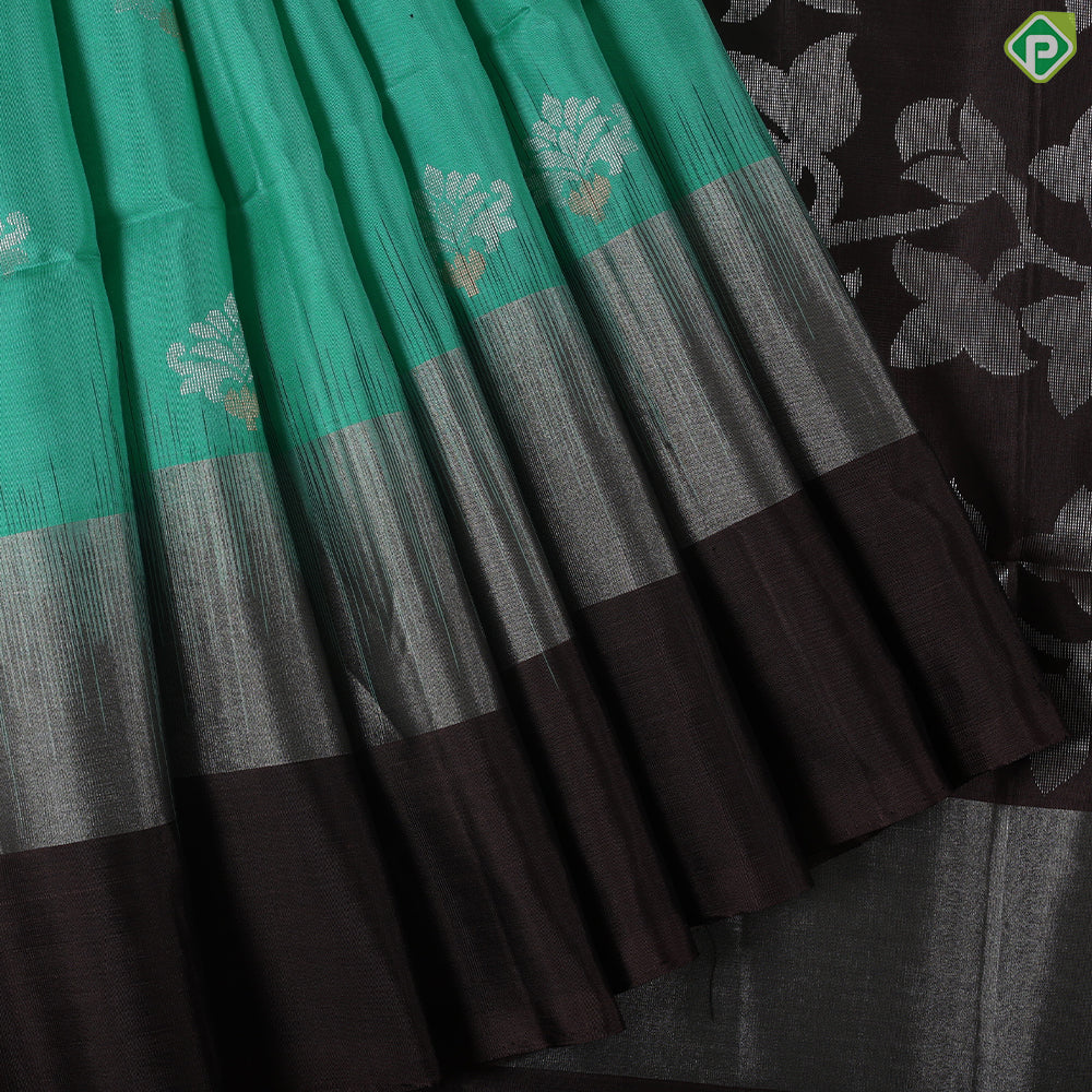 Rama green silver gold zari butta design double colour border Pallu design soft silk saree