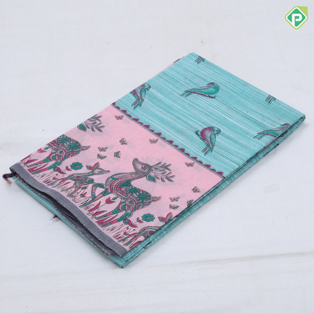 Full body sparrow design wild deer printed border summer cool light weight saree
