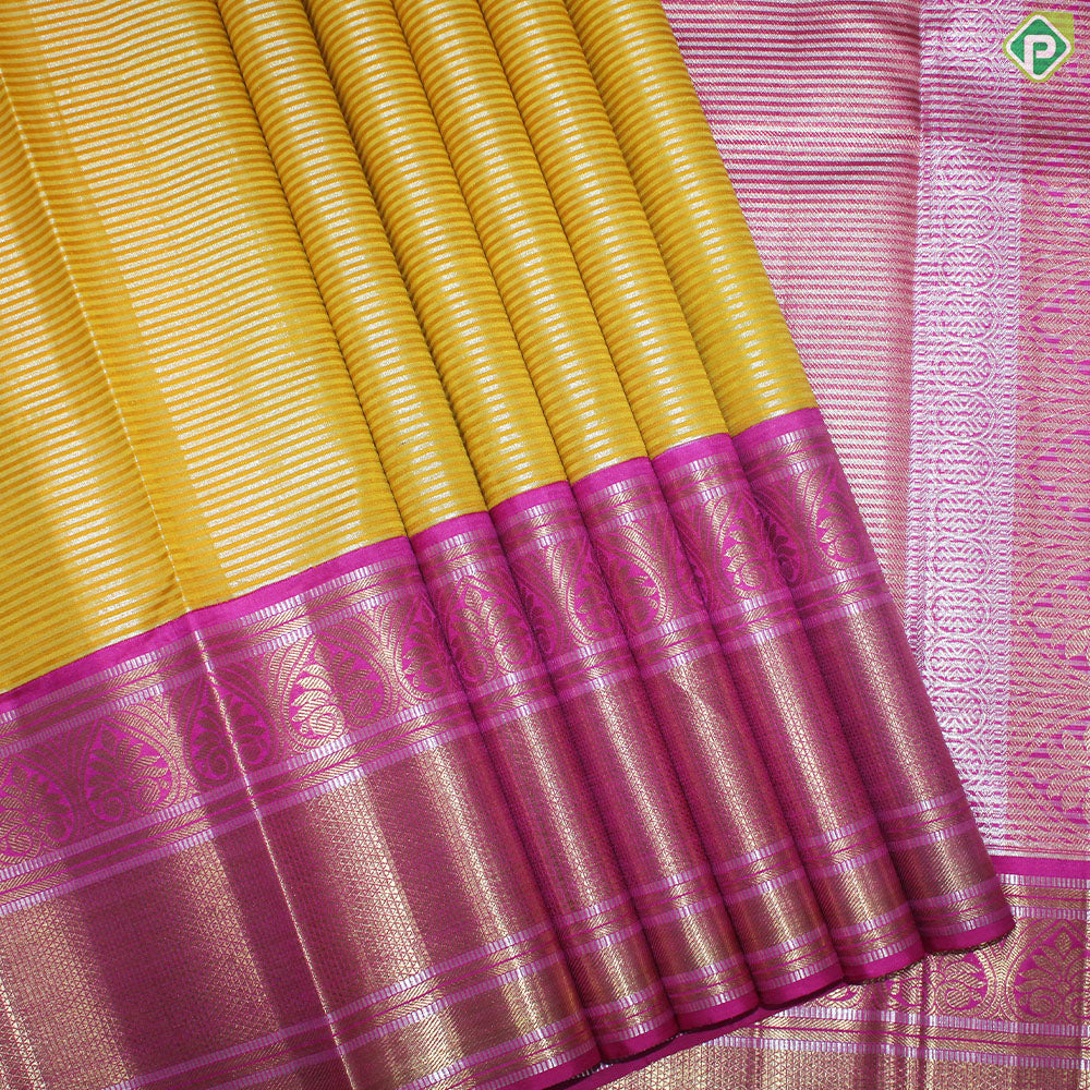 Mango Yellow Silver And Gold Zari Vaira Oosi Lines  With Pink Thilagam Design Traditional Silk Saree