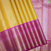 Mango Yellow Silver And Gold Zari Vaira Oosi Lines  With Pink Thilagam Design Traditional Silk Saree