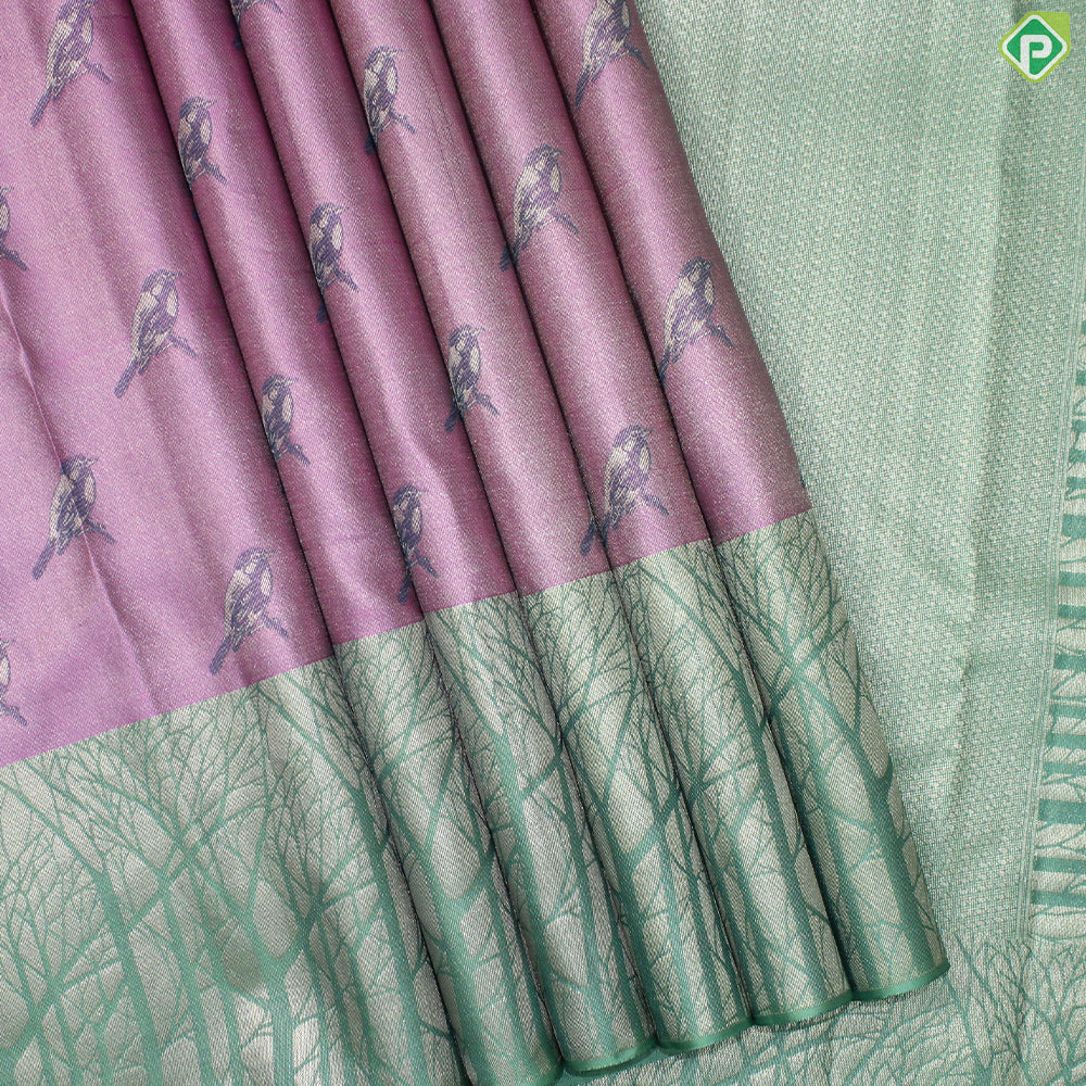 Pink Birds Design Gold Zari With Rexsona Green Jungle Border Fancy Trendy Silk Saree