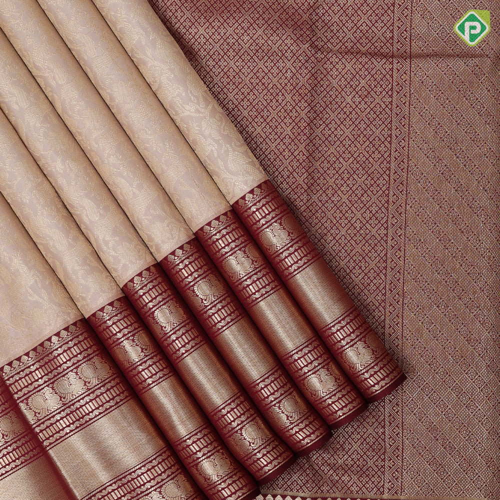 Milk White silver gold zari vanasingaram body design maroon silver gold zari peacock butta lines border grand bridal silk saree
