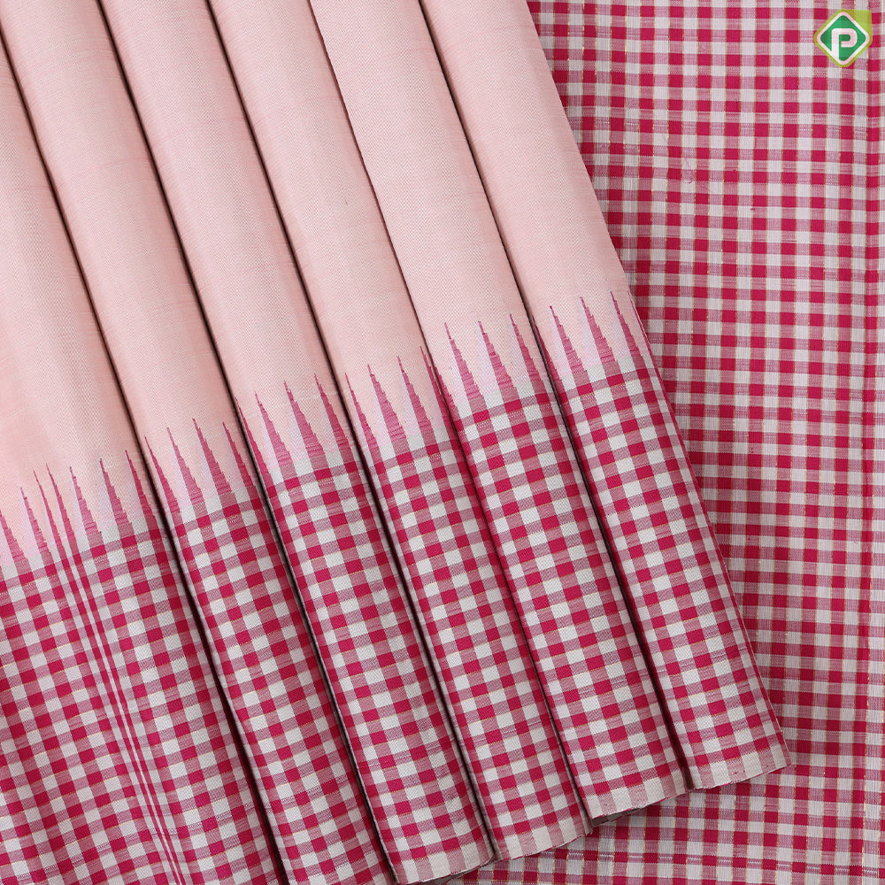 Peach Plain full body weaved design contrast pink with which checked border Traditional silk saree