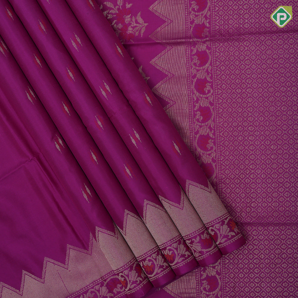 Purple group honey drop meena work butta design self gold zari meena work rangoli border soft silk saree