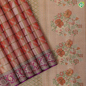 Honey orange silver zari filled gold zari checks geomatical design purple pythoni border bridal silk saree