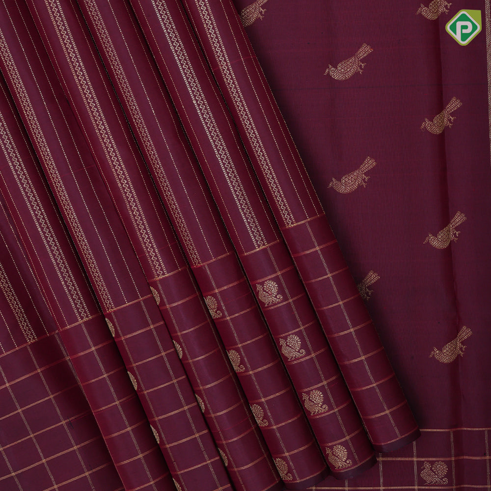 Beetroot maroon gold zari self designed stripes self color gold zari annam chakkaram lines border traditional silk saree