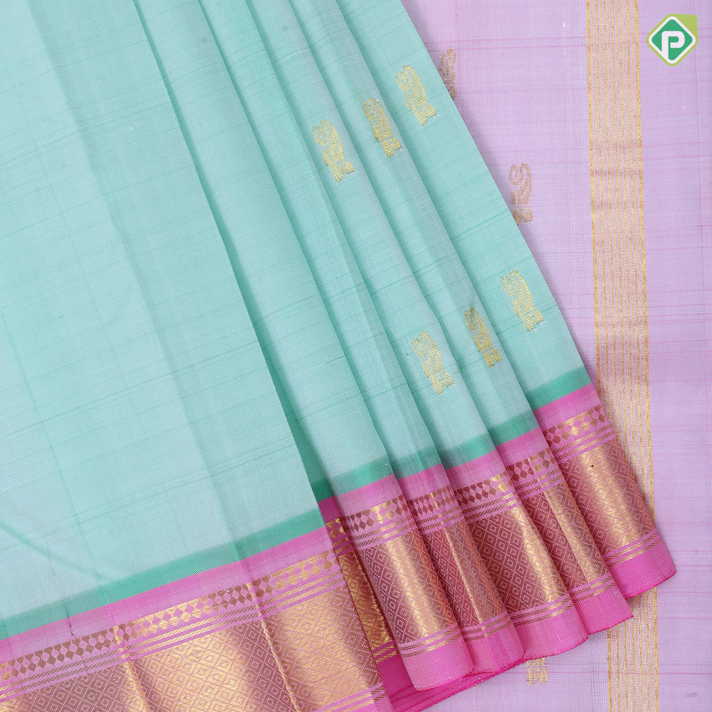 seafoam green gold zari fancy flower butta baby pink gold zari mayilkan one side border silk saree