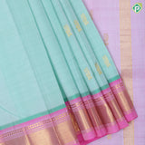 seafoam green gold zari fancy flower butta baby pink gold zari mayilkan one side border silk saree