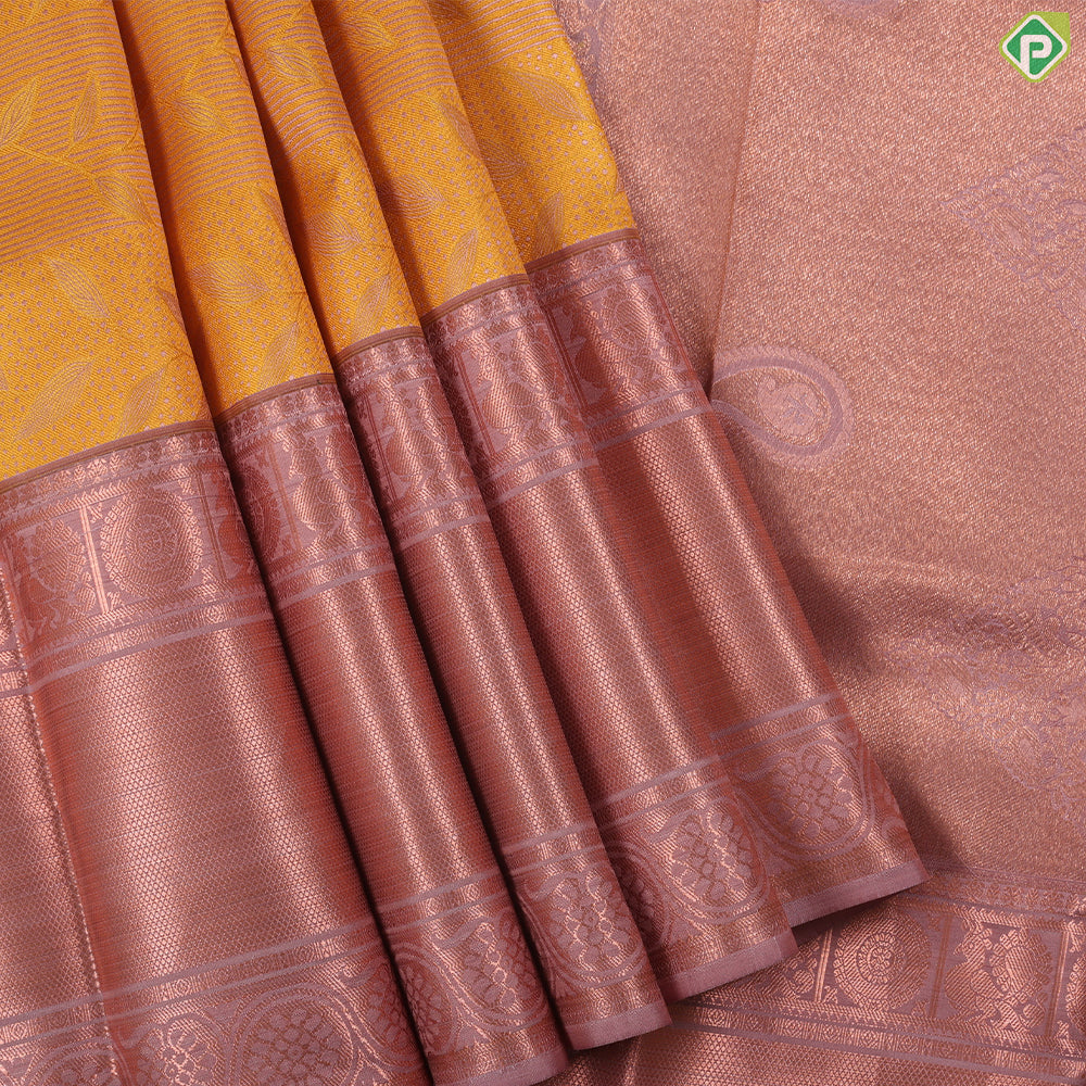 cyber yellow thread work embossed design onion pink copper zari border trendy silk saree