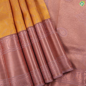 cyber yellow thread work embossed design onion pink copper zari border trendy silk saree