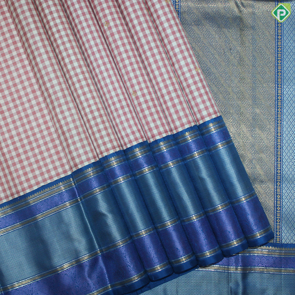 Magenta Red Whit small Checks Gold Zari with Royal Blue Silver And Gold Zari Border Traditional Silk Saree