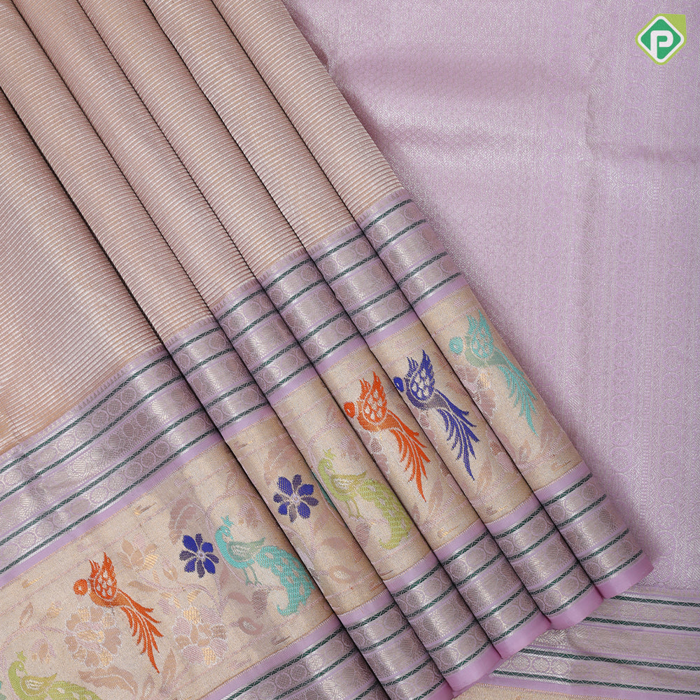 Sandal Wood Gold Zari Lines Design Baby Pink Peacock Bride Border Design Wedding Silk Saree