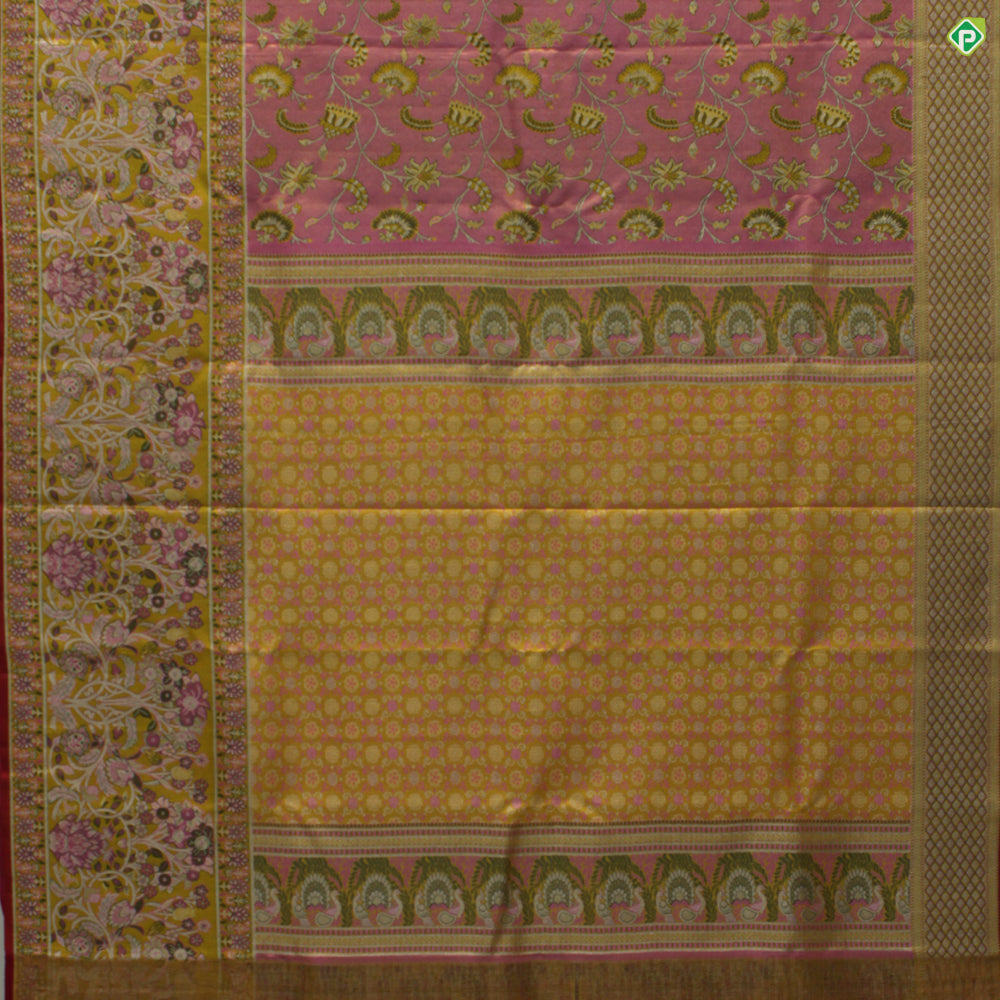 Bubble Cum Pink Big Floral Meena Work fancy Border Grand Tissue bridal Silks Saree
