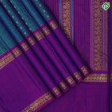 Peacock Blue Gold Zari Flower Checks Butta Design Magenta Mango Ruthracham Border Design Traditional Silk Saree