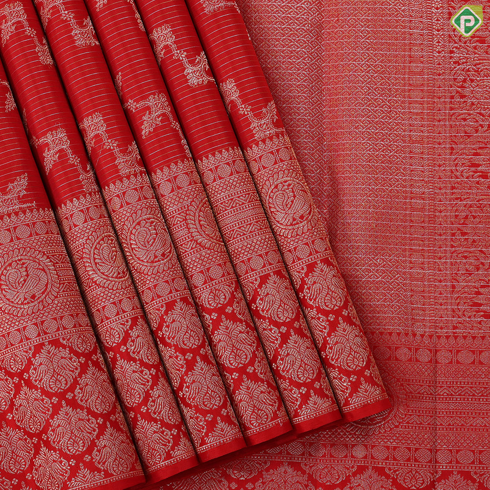 Rose pink with silver gold zari vairaoosi lines grand cross floral checks self border bridal silk saree