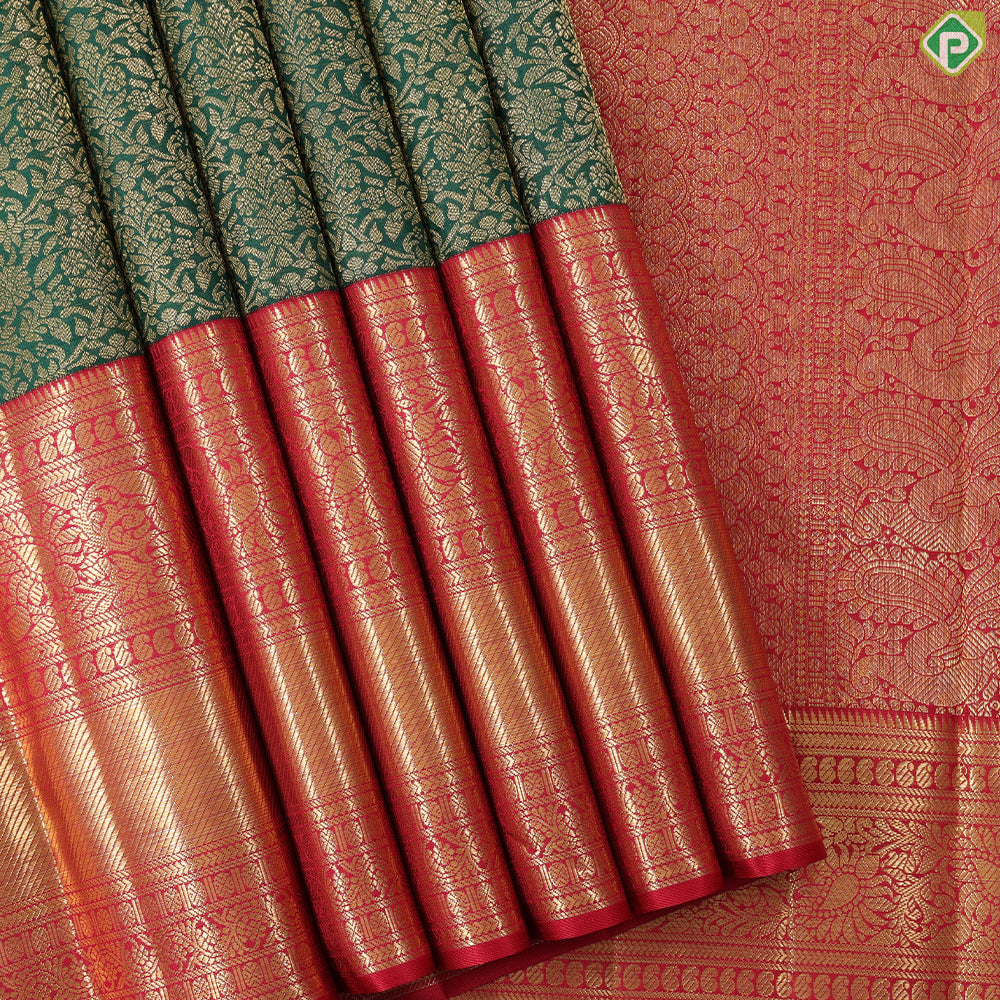 Dark green with gold zari grand floral design contrast maroon red gold zari border grand brocade bridal silk saree