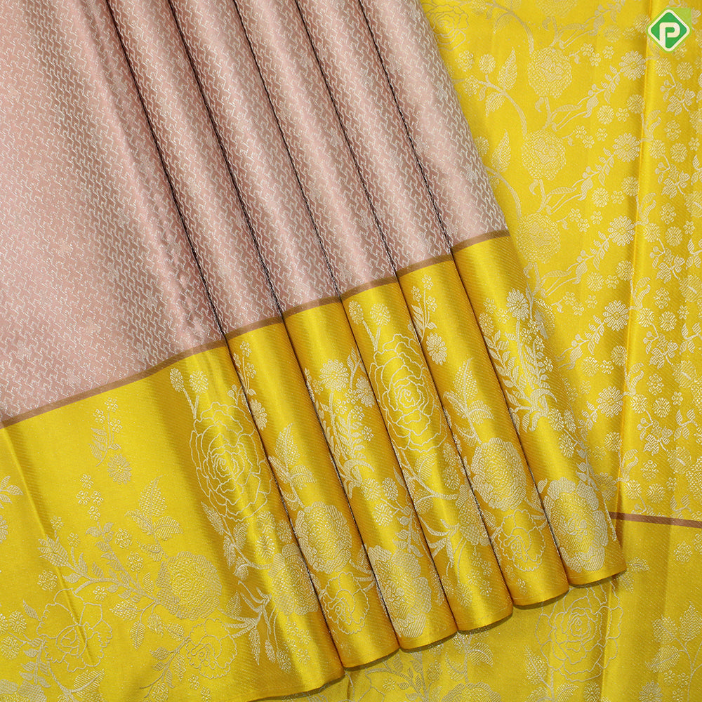 Peach Pink Silver Zari With Yellow Color Fancy Trendy  Silk Saree