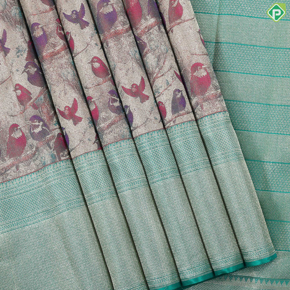 Brick orange multi color birds in forest inspired tissue contrast green silver gold zari diamond border trendy silk saree