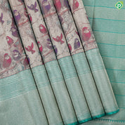 Brick orange multi color birds in forest inspired tissue contrast green silver gold zari diamond border trendy silk saree