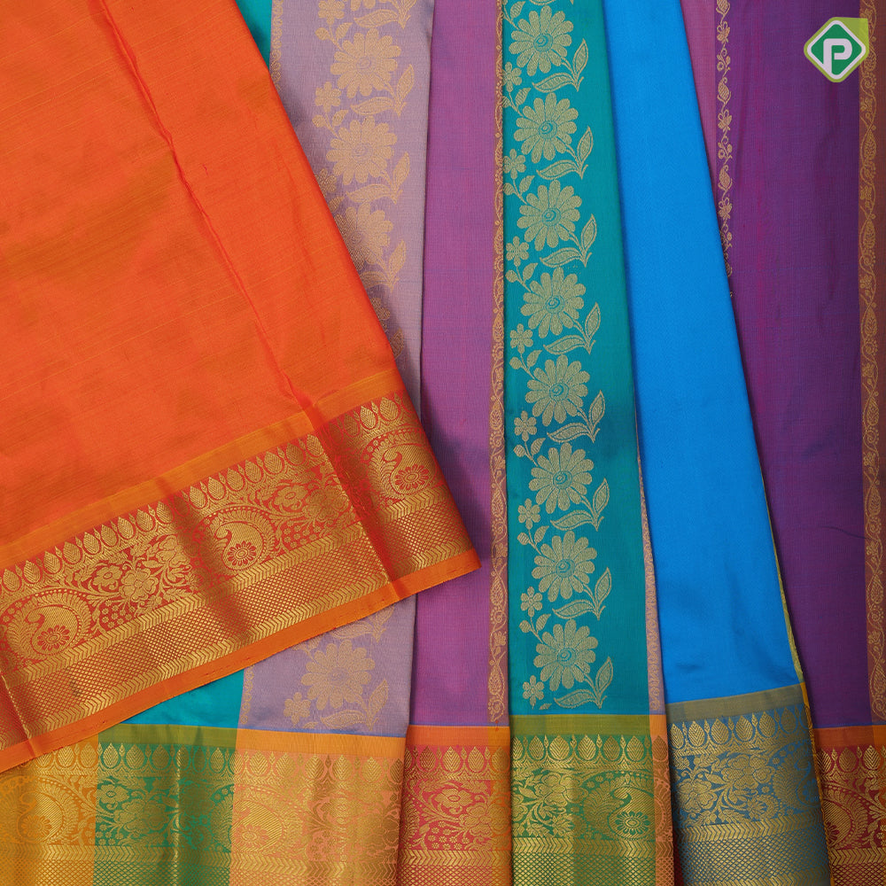 Multi color stripes and gold zari floral design contrast color gold zari creeper border pattu paavadai thavani 3 in 1 set