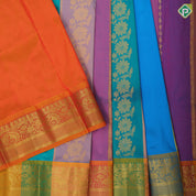 Multi color stripes and gold zari floral design contrast color gold zari creeper border pattu paavadai thavani 3 in 1 set