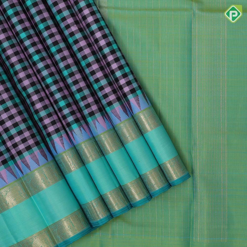 Multi color paalum pazhamum checks dual green green gold zari retta pett border traditional silk saree