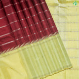 Dark Red Gold Zari With lemon Yellow and Rexona Green Double Color Temple Design Border Silk Saree