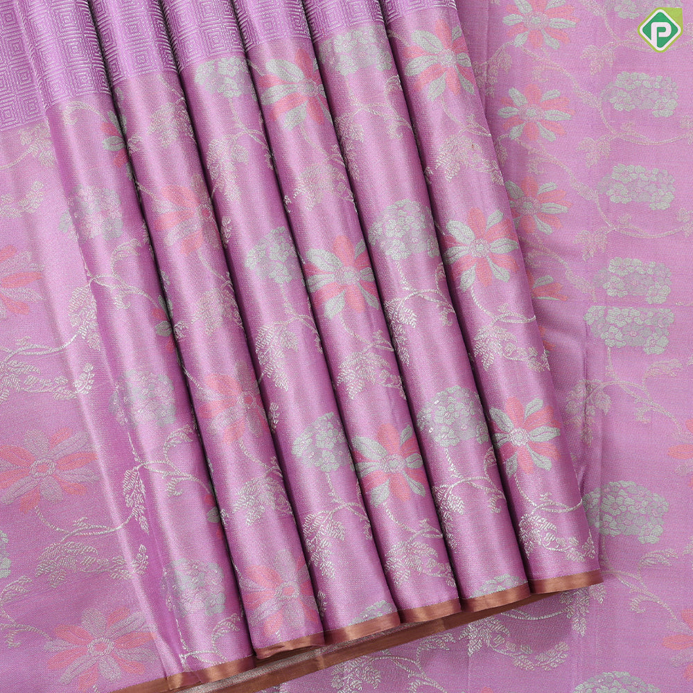 baby pink silver zari square box design self silver zari meena work border trendy designer silk saree