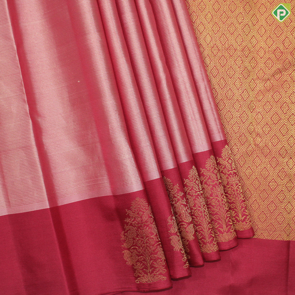 Peach Pink Gold Zari  With Chili Red Border Traditional silk Saree