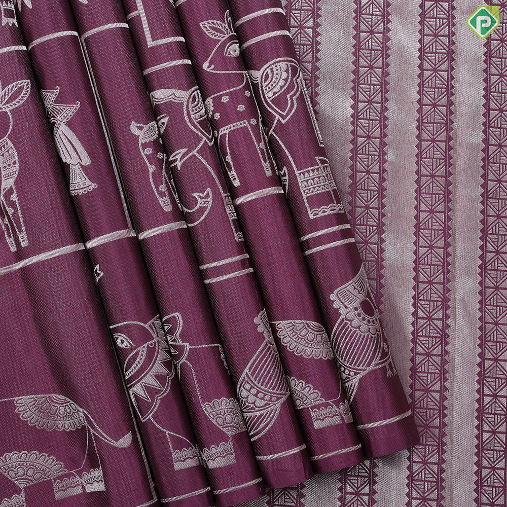 Wine color animals pattern weaved double wear shimmery borderless trendy designer silk saree