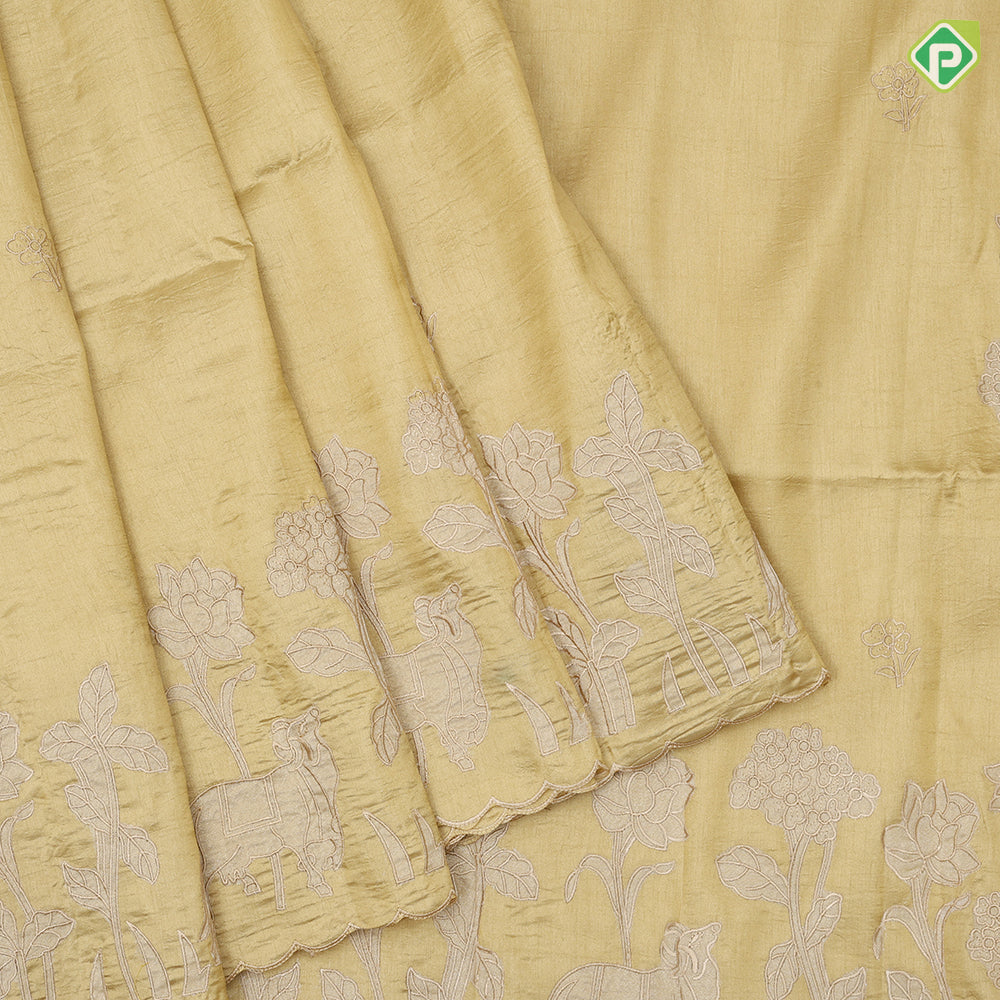 Tusser style plain body Embroidery border design fancy cotton saree