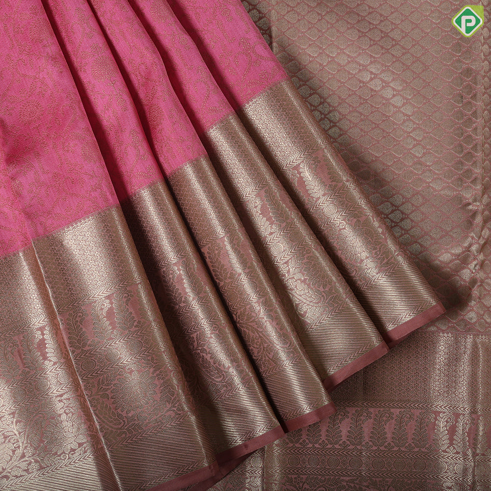 pale Pink grand floral thread work design onion pink gold zari border trendy silk saree